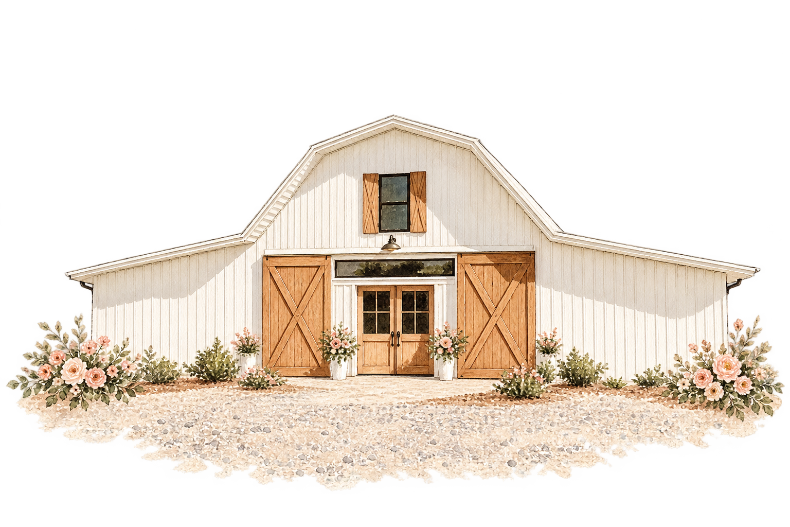 Watercolor rendering of Clover Hill Farm’s white barn with its raised center roof and large wooden doors
